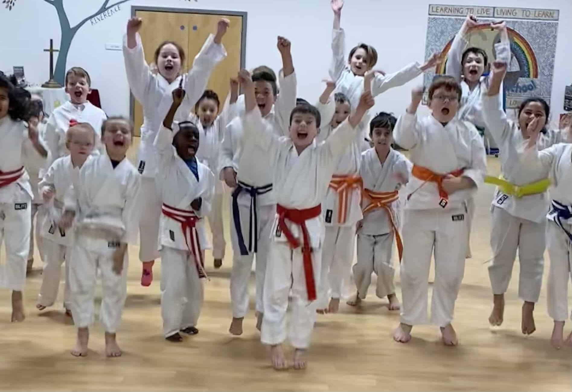 Children jumping in junior karate class at SNW Karate, Chester and Ellesmere Port